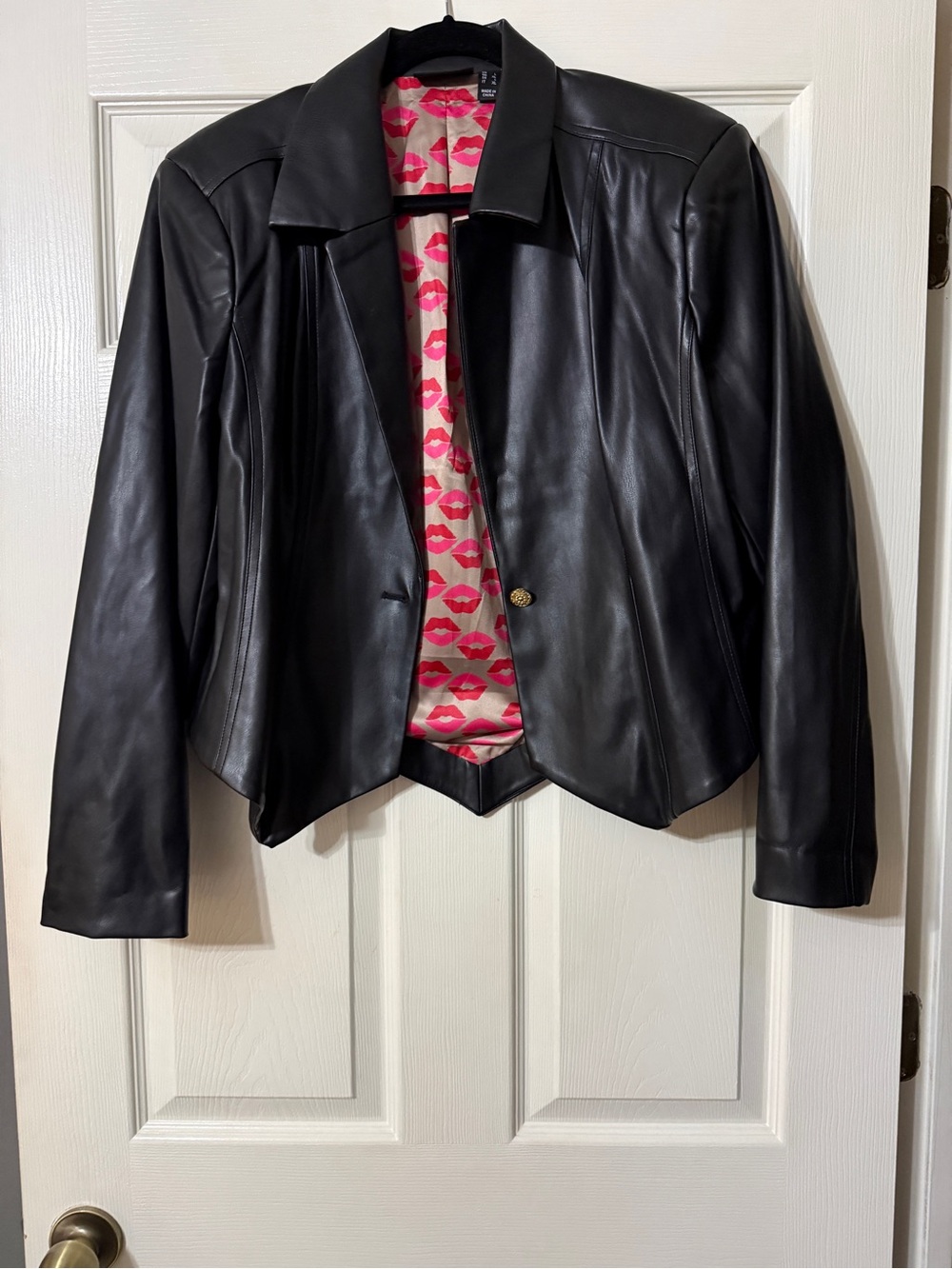 Attitudes by Renee Black Leather Jacket with Pink Lip Lining